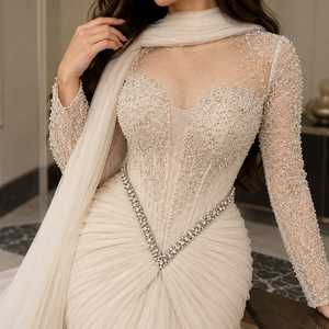 Vestido de Novia Color Marfil con Perlas Bordadas a Mano, Manga Larga Transparente, Corsé con Cuentas, Fular Drapeado, Transpirable para Boda - Product Image 2