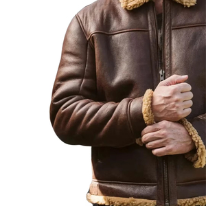 Raf Aviator Brown <b>Bomber</b> Real <b>Shearling</b> Sheepskin Leather Flight <b>Jacket</b> Men - Product Image 3