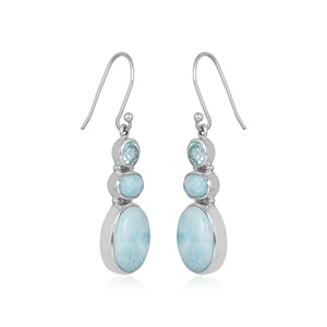Boucles d'oreilles pendantes uniques en argent sterling 925 avec cabochons de larimar naturel, pierre bleue océanique, bijoux en gros - Product Image 3