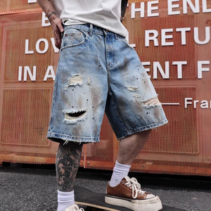 Distressed Knitted <b>Drawstring</b> Solid Mid Waist <b>Mens</b> Denim Shorts Polyester Quick Dry Patchwork Vintage Casual Streetwear - Product Image 3