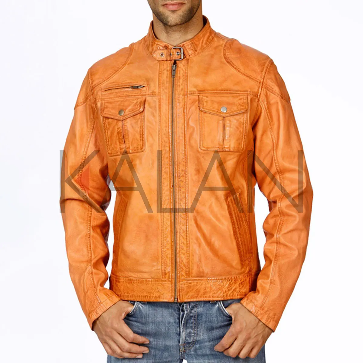 Buckle Neck Collar KLJM4 Men Leather Jacket Washed Sheep Skin Orange Color Modern Design Blouson
