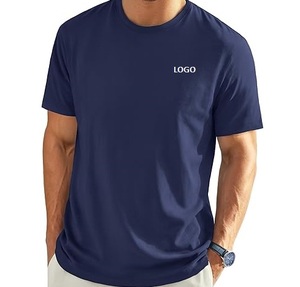Camiseta de algodón azul marino para hombre, manga corta, cuello redondo, lisa, con logo personalizado, informal, estilo urbano. - Product Image 1