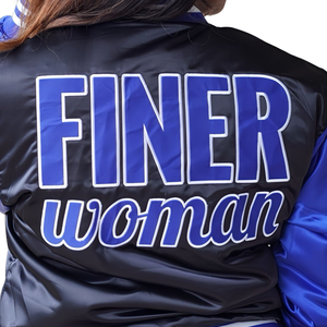 เสื้อแจ็คเก็ตบอมเบอร์ผู้หญิงรุ่นปี 1920 ของชมรมหญิงกรีก Zeta Phi Beta ผ้าซาติน สไตล์วาร์ซิตี้ แฟชั่นสตรีทแวร์ สีน้ำเงิน-ดำ แบบมีซิป - Product Image 6