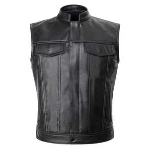 Gilet de motard en cuir véritable noir pour homme, col montant, fermeture éclair, longueur standard, vêtement d'extérieur fabriqué au Pakistan - Product Image 1