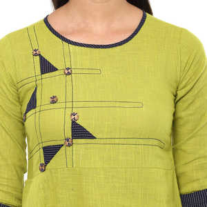 Womens Green Cotton Slub Patch Work A Line Kurta With Round Neck <b>Three</b> Fourth Sleeves Designed For Global Ethnic Casual Wear - Product Image 3