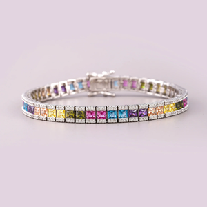 925 <b>Silver</b> Moissanite Hip Hop Engagement Anniversary Tennis <b>Bracelet</b> Rainbow Cushion Cut <b>Bangle</b> Unisex Party Jewelry - Product Image 2