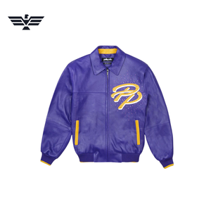 EMPIRE TREND WEARS Unisex <b>Purple</b> PU <b>Varsity</b> Bomber <b>Jacket</b> Windproof Embroidered Logo Zipper Closure Stand Collar Casual Winter - Product Image 1