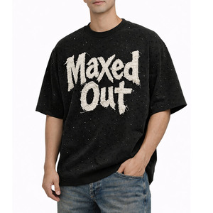 T-shirt Homme Oversize Noir en Coton Effet Vieilli avec Appliques Strass et Perles – Style Hip Hop Streetwear Punk – Vente en Gros - Product Image 3