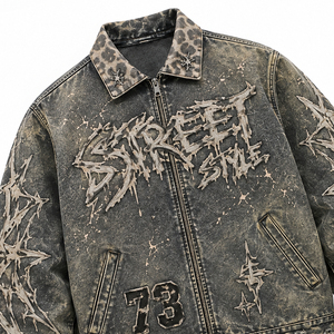 Veste en jean délavée style streetwear personnalisée, imprimé graphique vintage, effet usé, fermeture éclair, décontractée, unisexe - Product Image 4