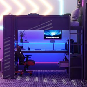 Dark Gray Full-Size Gaming Loft <b>Bed</b> with <b>LED</b> Charging Station & Multi-Storage Shelves Kids' <b>Bed</b> Desk Shelves Old SKU SM000374AAE - Product Image 2