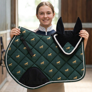 Premium Leopard Equestrian Set Shock Absorbing <b>Quilted</b> saddle Pad with Matching Fashion Fly Veil Ear Net for Equestrian use - Product Image 6