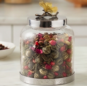 Récipient alimentaire rond en verre avec couvercle en métal, motif floral gravé, pot de rangement minimaliste pour la cuisine et la maison - Product Image 5