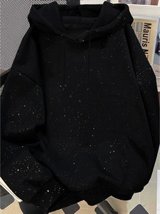 Sudadera con capucha de algodón grueso y forro polar, con cremallera completa, diseño gráfico de letras góticas con pedrería negra, estilo oversize, ropa urbana. - Product Image 2