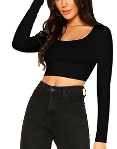 T-shirt court slim à col rond en coton et élasthanne tricoté respirant pour femme, manches longues, style décontracté - Product Image 1