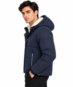Premium <b>Men's</b> Casual Solid <b>Navy</b> Blue Hooded Puffer <b>Jacket</b> Zipper Sherpa Lined Full Sleeve <b>Quilted</b> Winter Heavyweight Insulated - Product Image 2