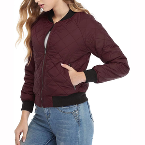 Good Quality Solid Color <b>Women's</b> Quilted Bomber <b>Jacket</b> Burgundy Stand Collar Zipper Coat Black Ribbed Cuffs Varsity <b>Jacket</b> - Product Image 6