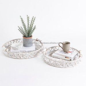 Jolis plateaux de service ronds en jacinthe d'eau blanche de Style nordique, avec poignée, tissés, décor Simple, plateaux de service de la Nature - Product Image 6