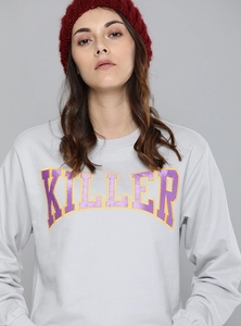 Sweat-shirt gris à col rond pour femme avec imprimé Purple Killer, manches longues, haut décontracté respirant en tricot 100% coton, vêtement d'automne - Product Image 2
