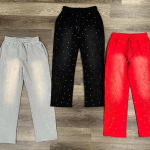 ผู้ผลิตเสื้อผ้าแฟชั่นใหม่เทอร์รี่พรีเมี่ยมผ้าฝ้ายปักโลโก้R Hinestone Baggy Flared Sweatpants Acidwahผู้ชาย - Product Image 5