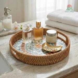 Bandeja Redonda de Bambú Nhat Minh, Diseño de Mosaico Bohemio, Decoración de Mesa Tejida Ecológica - Product Image 3