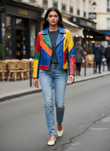 Veste de motard en cuir d'agneau véritable respirante et coupe-vent multicolores pour femmes, design patchwork tendance - Product Image 2