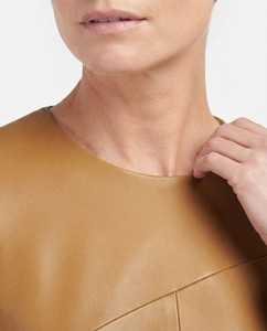 Blusa de Diseño para Mujer, de Cuero Genuino, Impermeable, con Spandex y PU, Manga Corta, Color Sólido, Cuello Redondo, Moderna, Formal, de Verano - Product Image 3