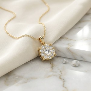 จี้เพชรทรงกลมเจียระไนแบบบริลเลียนท์ น้ำหนัก 0.75 กะรัต ชุบทอง 14K ฝังเพชรแบบหนามเตย สไตล์วินเทจ พร้อมสร้อยคอ - Product Image 1