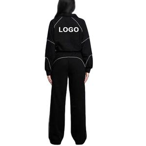 Women's <b>Black</b> Tracksuit Set Full Length Loose Fit Half-Zip Hooded Heat-Transfer Logo Streetwear Autumn Wear - Product Image 3