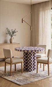 Table à manger moderne en résine ronde avec plateau imprimé géométrique et pieds à carreaux violets, assemblée pour la salle à manger à domicile - Product Image 2