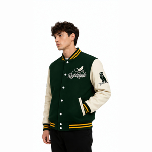 Veste universitaire Nightingale verte avec manches crème, logo oiseau brodé, style preppy, pour l'automne, coupe classique pour homme, fermeture boutonnée - Product Image 3