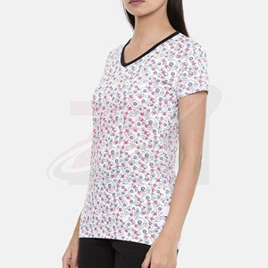 Camiseta de Mujer con Cuello en V, Manga Corta, Estampado Floral, Corte Regular, Informal, Transpirable, de Algodón Tejido, para Primavera/Verano - Product Image 2