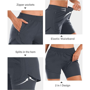 Shorts de course 2 en 1 gris foncé taille haute pour femme, shorts de sport fluides en polyester à séchage rapide avec poche zippée - Product Image 4