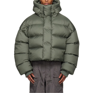 High Quality Thick Canvas <b>Stand</b> Collar Front Logo Quilted Puffer Custom Oversized Baggy Hooded Cotton Filled Jacket for Men - Product Image 2