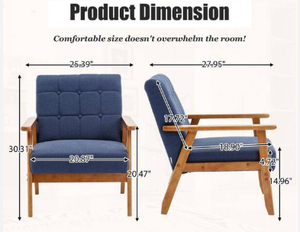 Fauteuil d'appoint rembourré de style mid-century moderne, structure en bois, assise en tissu bleu, meubles de salon - Product Image 2