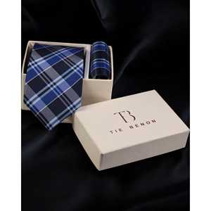 Conjunto clásico de corbata a cuadros azul Microsilk y bolsillo cuadrado para camisas de hombre - Product Image 1