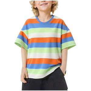 T-shirt personnalisé avec logo OEM, 100% coton, 180 GSM, pour enfants, à manches courtes rayées, col rond, t-shirts surdimensionnés, hauts pour filles et garçons, chemises d'été - Product Image 4