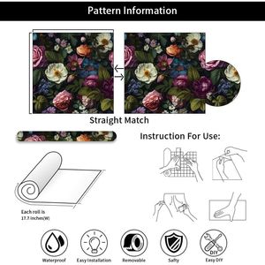Papel Tapiz Autoadhesivo con Diseño Floral de Flores Negras, Rosas, Amapolas Blancas y Peonías, Fácil de Aplicar, Estilo Vintage - Product Image 4