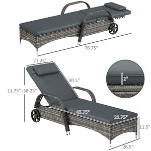 Sdraio da Esterno a 5 Livelli Regolabili in Rattan Nero con Ruote, Cuscino e Poggiatesta - Product Image 3