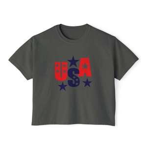 Women's USA Stars Solid <b>Vintage</b> Boxy T-Shirt 100% Cotton Crew Neck Short Sleeve Patriotic Casual Streetwear Logo Breathable <b>Tee</b> - Product Image 5