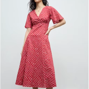 Vestido de Algodón con Rayas Rojas y Estampado Paisley, Corte en A - Product Image 1