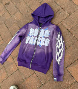 Sudaderas con capucha con etiqueta personalizada Sun Faded Thick French Terry Vintage Zip up parche bordado desgastado apliques de diamantes de imitación - Product Image 4