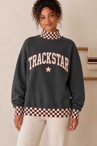 Sweat-shirt à col montant gris anthracite pour femme, bordure côtelée à carreaux bordeaux et crème, style universitaire avec lettres et étoiles, Trackstar, personnalisé OEM, pull-over - Product Image 1