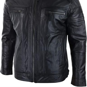 เสื้อแจ็คเก็ตหนังแท้ 100% แบรนด์ High Street Custom สำหรับผู้ชาย แบบมีซิป คอตั้ง ผ้าแคนวาสสำหรับฤดูหนาว มีกระเป๋า  ย้อมสีพื้น  บริการ OEM - Product Image 2