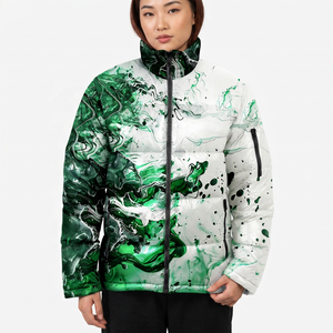 Unisex Green Abstract Print <b>Fleece</b> Puffer Jacket Hooded Collar <b>Zipper</b> Closure Long Casual Winter Eco-Friendly Front - Product Image 6