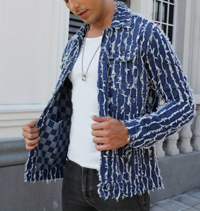 TRIBON SPORTS Chaqueta Camisera de Mezclilla para Hombre, Color Sólido, Borde Deshilachado, Cuello Clásico, Corte Regular, Estilo Casual, para Primavera, con un Solo Botón - Product Image 1