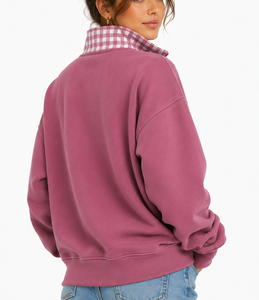 เสื้อสเวตเชิ้ตผู้หญิงสีชมพูแบบซิป ¼ ตัว พร้อมลายปัก Plaid Dreamer 23 ผ้าฟลีซ คอตั้ง ทรงปกติ ใส่ได้ในฤดูใบไม้ร่วง - Product Image 3