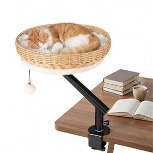 Cama para Gatos 2 en 1 Giratoria 360 Grados, Refugio para Gatos Natural + Negro + Blanco con Bola Sonora - Percha para Escritorio - Product Image 1
