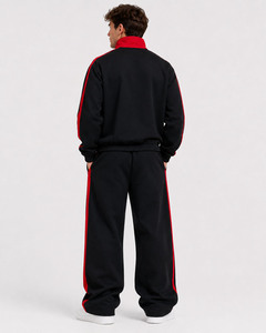 Ensemble de survêtement vintage en coton épais à rayures pour homme, avec veste athlétique à col montant et fermeture éclair intégrale, et pantalon de survêtement à jambes larges, personnalisable avec logo - Product Image 3
