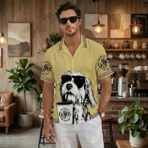 Men's Summer Casual Short Sleeve <b>Button</b> Up Shirt Yellow Turn Down Collar Tee with Cool <b>Dog</b> Coffee Print - Product Image 1