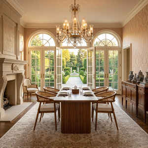 Ensemble de salle à manger contemporain et moderne en teck massif, fait main, avec chaises Aura cannelées et coussins en rotin, mobilier de salle à manger durable - Product Image 4